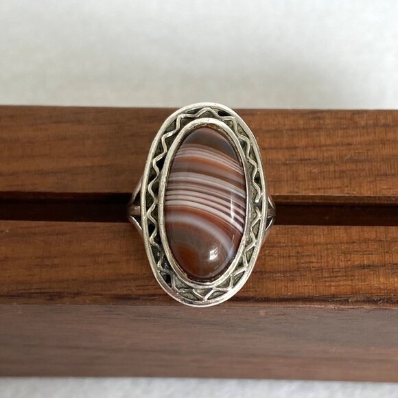 VTG Sterling Silver 925 Oval Bezel Set Banded Agate Double Split Shank Ring Sz 6 - Picture 6 of 16